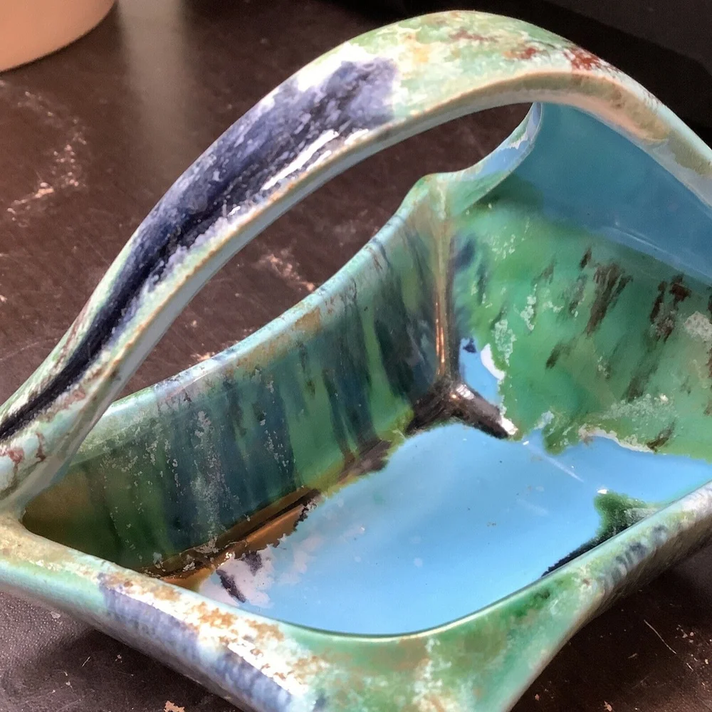 Art pottery vase drip glaze MCM Diamond Shaped Basket 4.5”x7”
